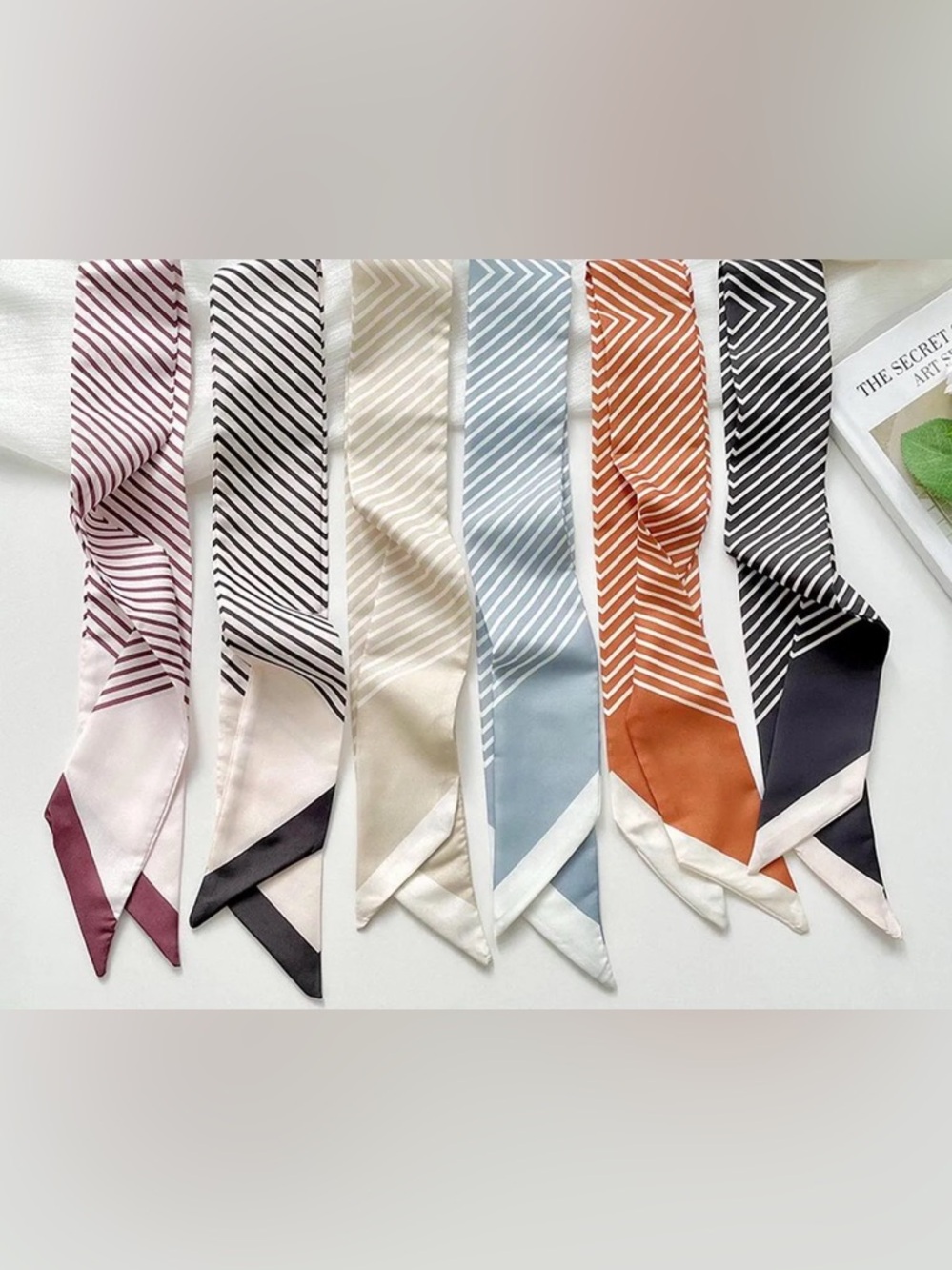 6pc Silky Twilly Scarf Set Striped Hair Tie Bag Wrap Neutral Chic NWT